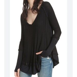 WE THE FREE Laguna Thermal Shirt Top Black Waffle Knit Oversized Womens Sz Small